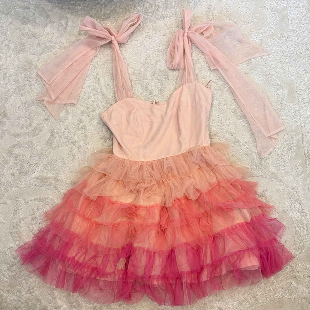 Aura Pink Ombre Ruffle Tulle Dress with Tie Straps